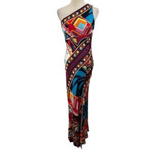 Vtg 90s Mary L Couture silk gown one shoulder maxi multicolor geometric Sz 4